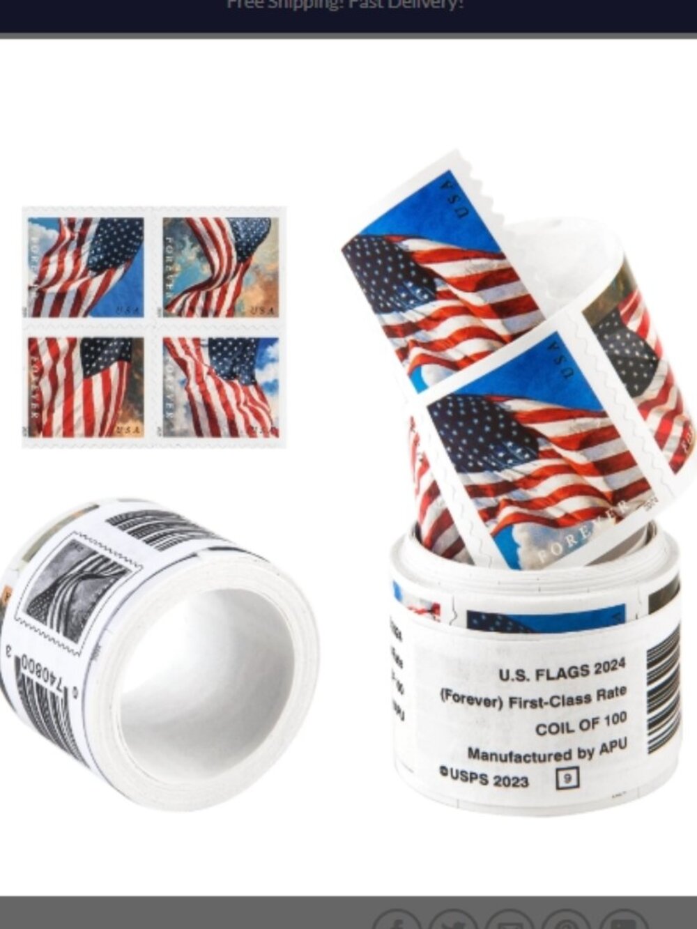 Two 2024 US Flag Forever Stamps Coil of 100 PCS/Roll (200 Stamps)